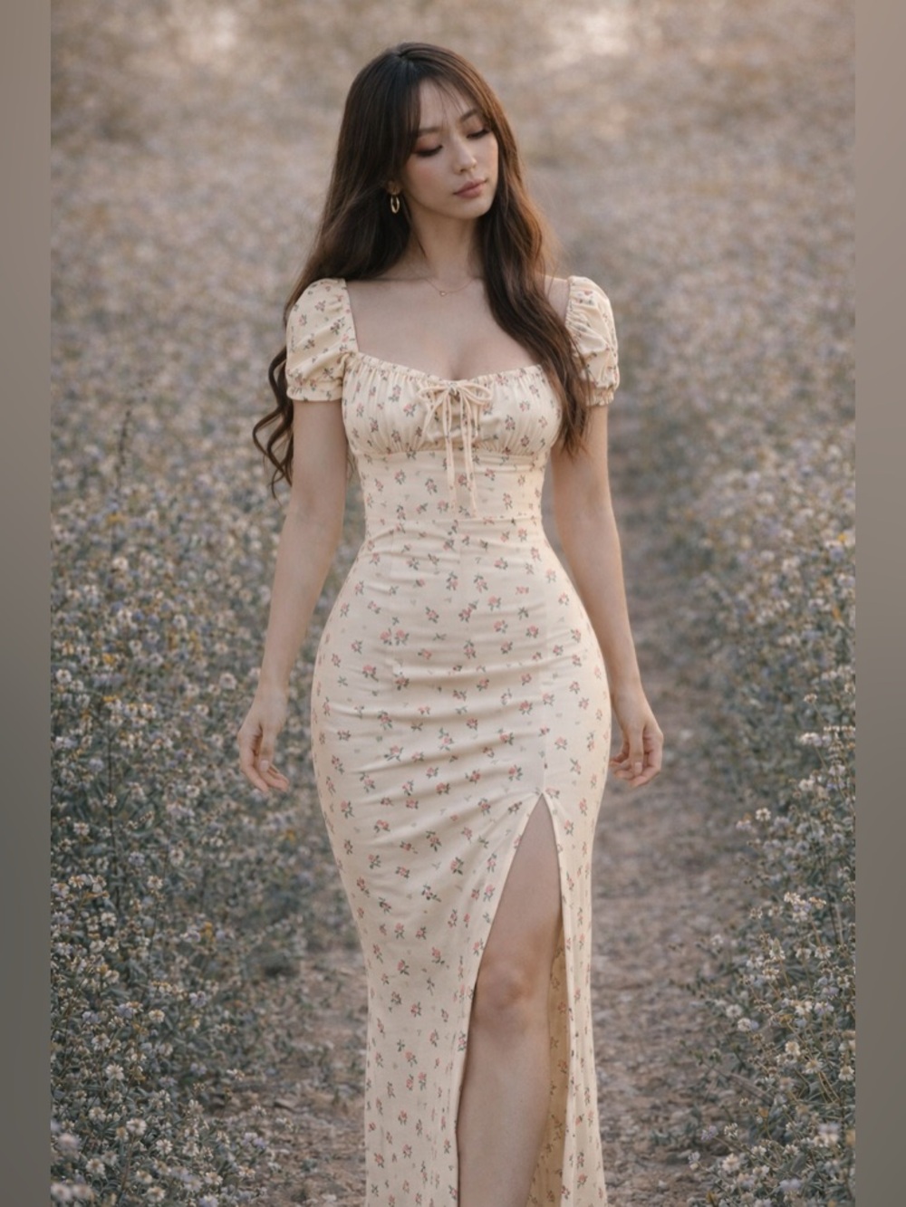 Missguided Meadowlight cottagecore golden hour milkmaid maxi dress